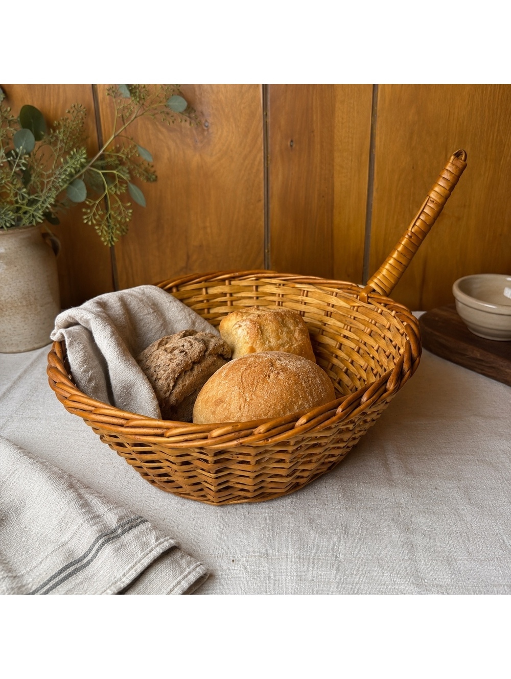 Vintage Wicker Serving Basket With Long Handle Round Handwoven Farmhouse Decor